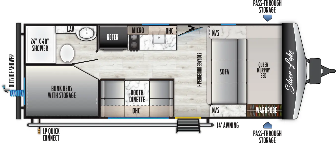 The 1610BHLE has no slide outs and one entry door. Exterior features include a rear outside shower, LP quick connect, 14 foot awning and front pass-through storage. Interior layout from front to back includes: front queen murphy bed/sofa with nightstands on each side, storage underneath, and door side wardrobe; door-side entry, and booth dinette with overhead cabinet; off-door side refrigerator, cooktop, overhead microwave, sink, and overhead cabinet and TV hookup; door side rear bunk beds with storage; rear off-door side full bathroom.